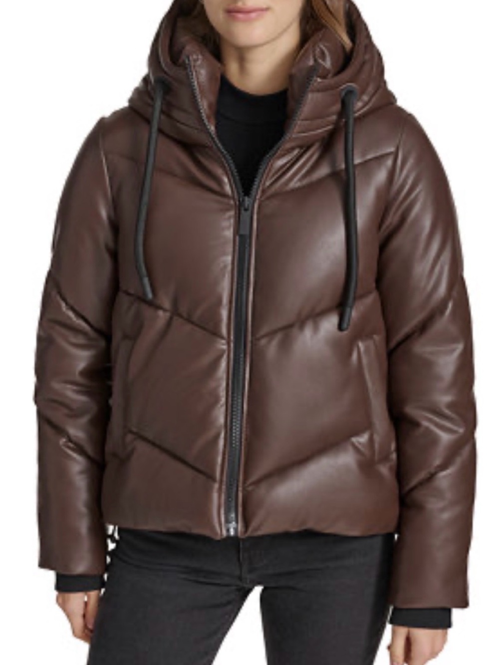 Marc NY Faux Leather Burgundy Hooded Puffer Jacket. Size Small